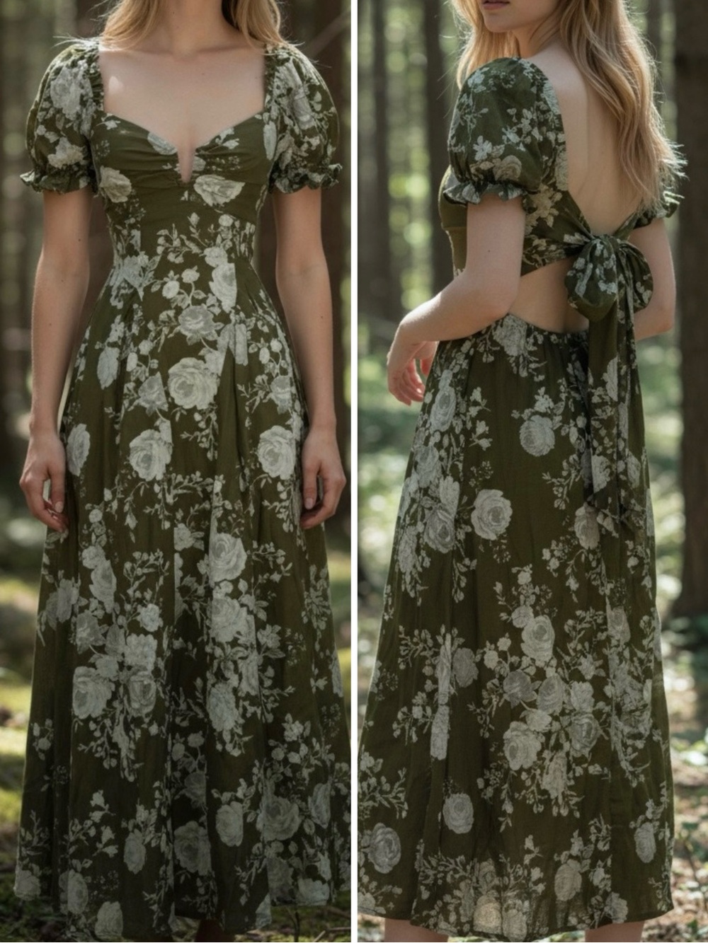 NWT✨ | Crystal Sky | Green Floral Puff Sleeve Open Tie Back Maxi Dress